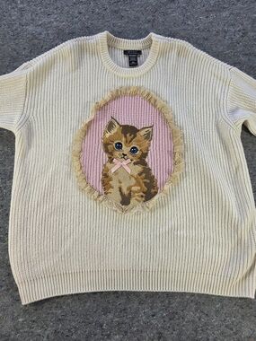 Sweet Society Hot Topic Kitten Portrait Sweater Women’s M Cream Coquette Cat
